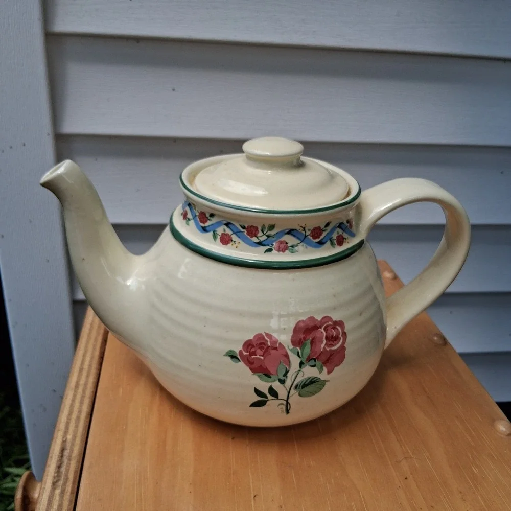 Vintage 90s Cottagecore Treasure Craft Pottery Stoneware Teapot Country Rose USA